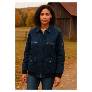 Roamans 16W Denim Barn Coat Utility Jacket Zip Pockets Dark Wash Cotton Stretch‎